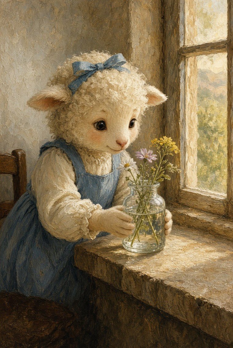 Little Lamb in her blue pinafore setting a small glass jar of wildflowers down on a sunlit stone windowsill