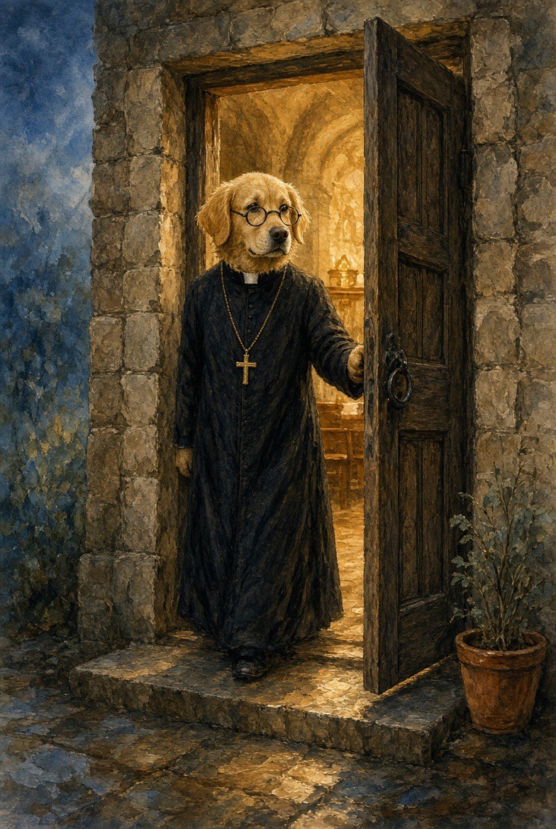 Padre Paws holding a church door open from the inside, warm golden light spilling across the worn stone step into a cold blue evening