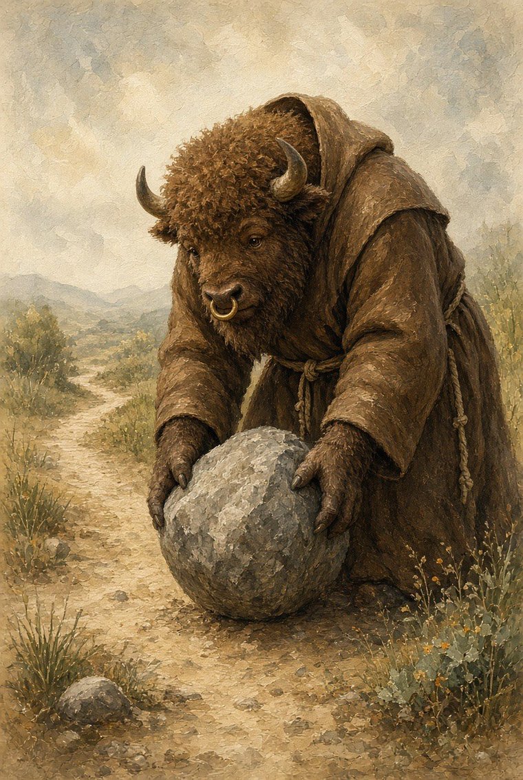 Brother Bruno, a bison friar in a brown habit, bending to lower a large grey stone to the ground beside a country path