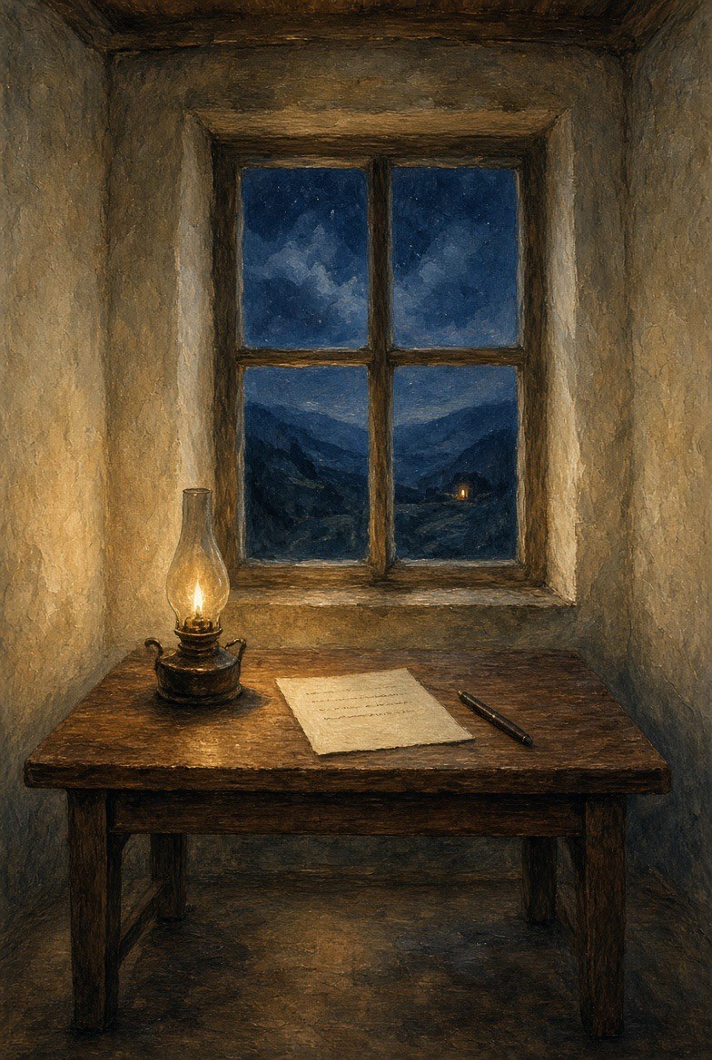 A plain room at night with an oil lamp and a half-written letter on a wooden table, and one small lit window far off across a dark valley