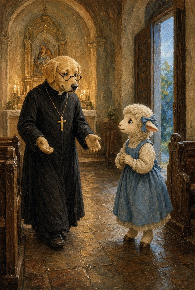 Padre Paws walking down the chapel aisle towards Little Lamb with both paws open and low, she standing near the door with her hands clasped